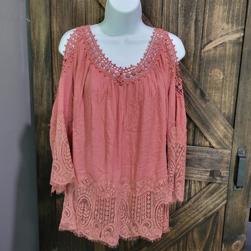 Coral cold shoulder boho top